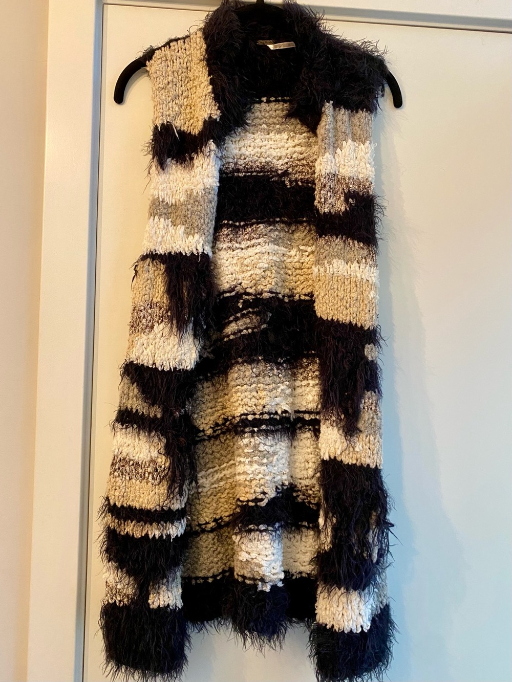 Free People Black & Cream Striped Faux-Fur Open Cardigan Vest